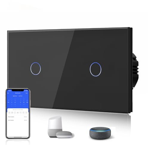 BSEED Doble Interruptor Inteligente WIFI 1 Gang 1 Vía (Requiere Cable Neutro) Compatible con Alexa/Tuya/Smart Life, Interruptor de Luz de Pared con Panel de Vidrio 157mm Negro