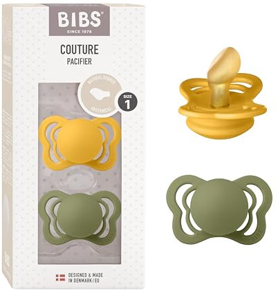 BIBS Couture Soother 2-Pack, BPA Free Dummy Pacifier, Anatomical Nipple. Natural Rubber Latex, Size 1 (0-6 Months), Honey Bee/Olive