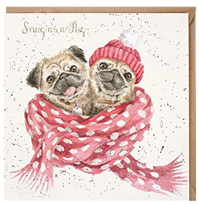 Wrendale - X069 - Doppelkarte mit Umschlag, Weihnachten, Mops mit Schal, Snug as a Pug, 15cm x 15cm, quadratisch