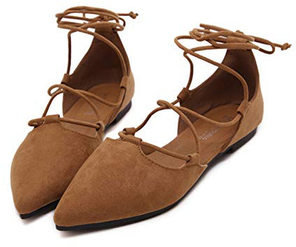 ERLINGO Zapatos planos de ballet casuales para mujer con correa cruzada y punta puntiaguda, elegantes para bodas, con cordones, bailarinas para niñas, color Marrón, talla 37 EU