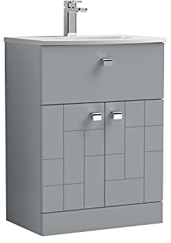 nuie BLO201G Blocks Modern Bathroom Floor Standing 2 Door 1 Drawer Vanity Unit with Curved Ceramic Basin with 30mm Profile, 600mm, Satin Grey