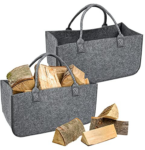 Froadp 2 Stück Filz Kaminholztasche Filztaschen Tragfähigkeit bis 30KG Tragbarer Feuerholzkorb aus Vliesstoff Faltbare Spielzeugtasche Kamintasche Widerstandsfähig Holzkörbe (Mittelgrau)