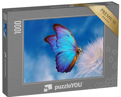 puzzleYOU: Puzzle 1000 Teile „Makro-Fotografie: Der Blaue Morpho Schmetterling auf Einer Pusteblume“ – aus der Puzzle-Kollektion Schmetterlinge, Insekten & Kleintiere