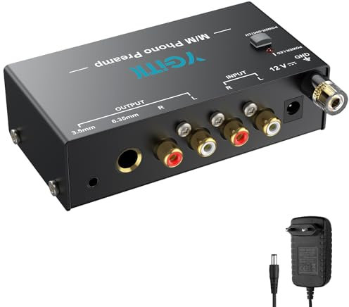 YGiTK Vorverstärker für Plattenspieler | M/M Phono-Vorverstärker mit Netzschalter | RCA Input & Output Interfaces | DC-12V Zertifiziertes Netzteil | Wenig-Lärm Betrieb | Kompaktes Gehäuse