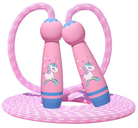 Corde à Sauter pour Enfants avec Poignées en Bois, Corde à Sauter Réglable Licorne, Idéale pour Garçons et Filles de 6 à 8 Ans, Cadeau Ludique et Sportif en Coton (Modèle B).
