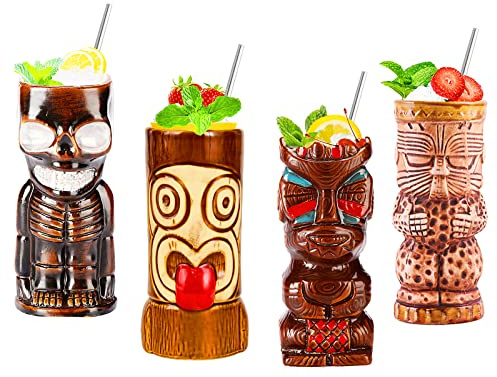 Tiki becher,Tiki gläser set,cocktail becher,4-teiliges Cocktailgläser-Set,Tiki barzubehör,Hawaii-Party für Premium Tropische Tassen Getränke für exotische Party