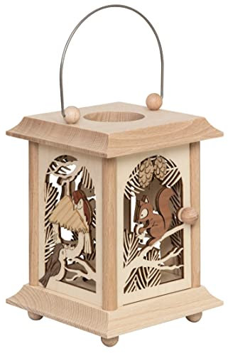 Drechslerei Kuhnert Tischlaterne/Teelichthalter - Motiv: Eichhörnchen mit Vögeln aus Edelholz - Maße: 11,5 x 11,5 x 17cm - Made in Germany