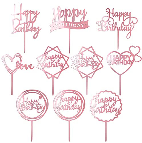 MOGADEE® 10 Stück Roségold Happy Birthday Tortendeko Set, Acryl Glitter Cupcake Topper, Girlande Herze Sternen Cake Topper, Happy Birthday Kuchen Deko für Mädchen, Kinder, Hochzeit, Mutter(Roségold)