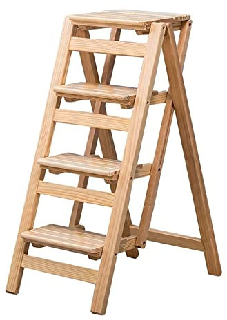Hölzerner Leiter-Stuhl-Gestell-Stufen-Hocker für Erwachsene Multifunktions-Zuhause-Küche-Dual-Use-Klapp-Treppen-Stuhl Beweglicher 4-Stufen-Leiter-Aufstiegs-Hocker, Natur
