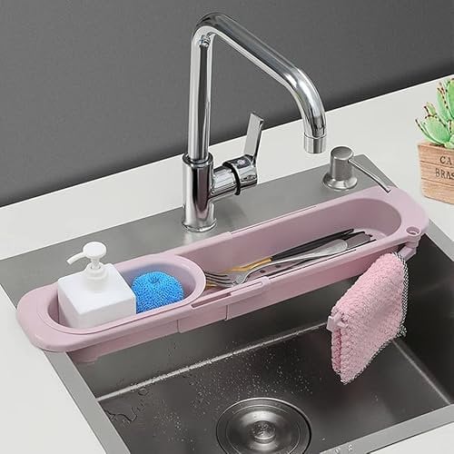 Mensola Telescopica per Lavello, Porta Spugna da Cucina, Portaspugne Lavello Organizer Cestello Regolabile Portaoggetti e Accessori da Cucina per la Maggior Parte dei Lavelli da Cucina (Rosa)