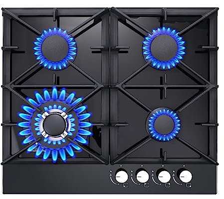 Gas Stove Top 24 inch Eascookchef, 24 inch Gas Cooktop 4 Burner, Bulit-in Stove Top NG/LPG Convertible, Upgrade Black Enamel Propane Cooktop with Thermocouple Protection