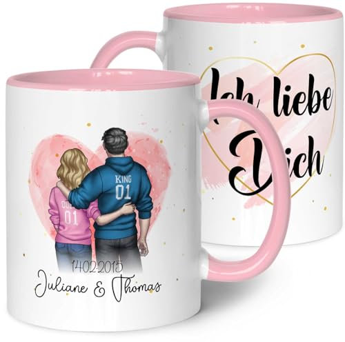 GRAVURZEILE Bedruckte Tasse mit Konfiguration - Paarmotiv zum selbst gestalten - Personalisierbares Geschenk für Paare & Partner - Geschenke für Sie & Ihn zum Valentinstag - Farbe: Rosa
