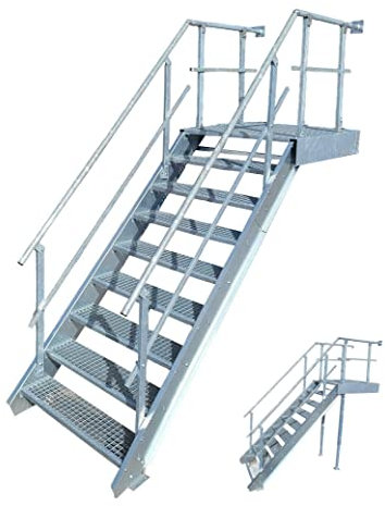 Podesttreppe / 8 Stufen + Podest Stahltreppe mit beids. Geländer/Stufenbreite 100cm / Geschosshöhe 135-180cm