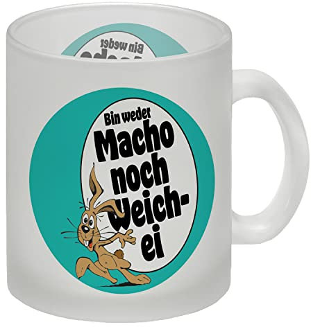 Weder Macho noch Weichei Glas Tasse in türkis mit Osterhase für ganz normale Männer die Tassen mit niedlichen Sprüchen und Figuren zur Osterzeit mögen für Kaffee Tee oder Kakao