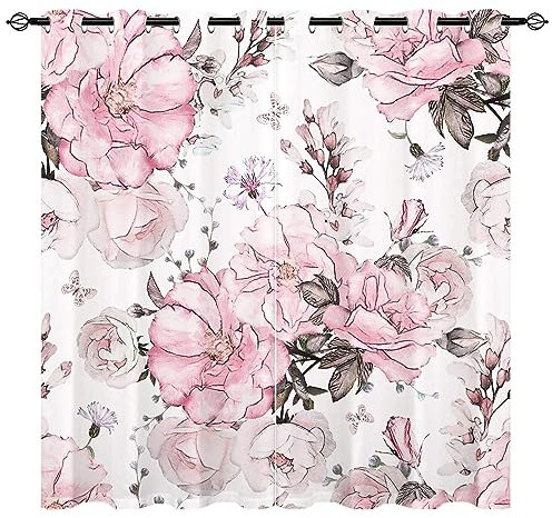 YUANZU Rosa Blumen Vorhänge Mädchen Aquarell Floral Rose Ösen Gardinen mit Blickdichte Vorhang Kälteschutz Blackout Curtain Wohnzimmer Schlafzimmer Verdunkelung Fenster, 2 Stück, H 200 x B 140 cm