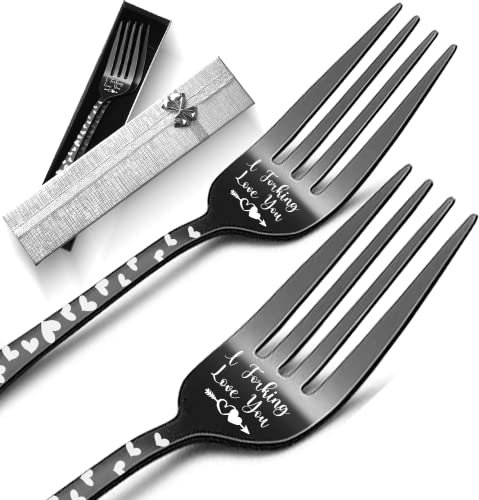 2Pcs Dinner Forks Funny Tableware Engraved with I Forking Love You, 8 Stainless Steel Forks Silverware Set, Birthday Valentine's Day Gift for Women Boyfriend Girlfriend Husband Wife (Black)