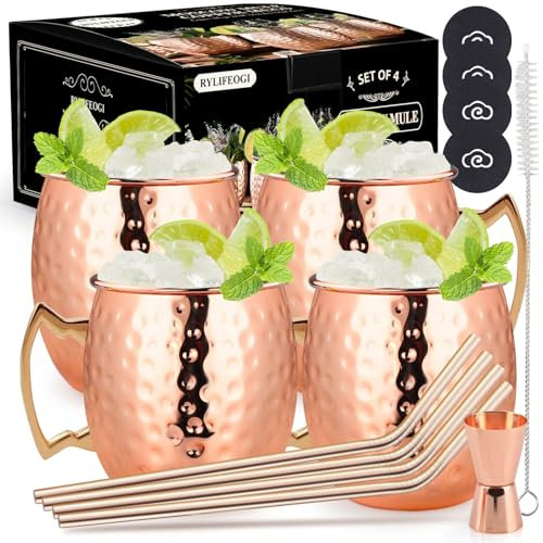 RYLIFEOGI Moscow Mule Mugs Set of 4, Copper Cups 19oz with Jigger Straws Coasters Gift Set for Bar, Home Party
