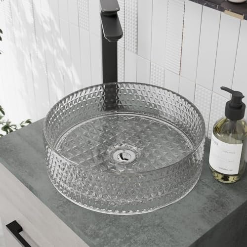 BAYSTONE® Countertop Basin for Bathroom and Cloakroom Hand Wash Basins Sink Crystal Glass Round, 353 x 353mm