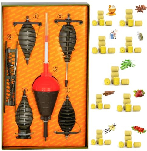 Posenmontage Set Futterkorb mit Presskuchen Angelfutter Angelzubehör | Lockfutter Vorfachhaken Angler Oberflächenmontage Karpfen Angeln Fertig Montage Angelkoffer Angelhaken Posen