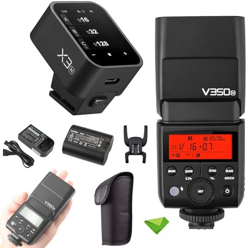 GODOX V350N TTL-Blitz + X3-N-Auslöser für Nikon, 1/8000 s GN36 HSS 0,1 s-1,7 s Wiederaufbereitungszeit mit 2000 mAh Akku, 500-fache Blitzleistung mit voller Leistung für Nikon D500 D3100 D3200 D3300
