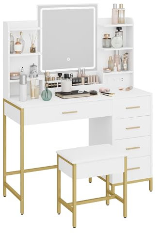 Hzuaneri Schminktisch, mit Gepolstertem Hocker, HD-Spiegel und Verstellbare LED-Leuchten, Steckdose und USB, 5 Schubladen, Offenes Ablagefach, Modern DT351HDT