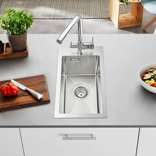 ROVOGO 50 x 28 cm Edelstahl 304 Gebürstet Spülbecken mit Siebkorbventil und Überlaufgarnitur, Küchenspüle mit Loch für Armatur, Kleine Einbauspüle, Spüle Küche 1 Becken