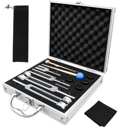 Stimmgabel-Set (128 Hz, OM 136,1 Hz, MI 528 Hz, 4096 Hz), Standard-Stimmgabel-Set für Solfeggio, Meditation, Stressabbau, Yoga, Entspannung, mit Gummihammer, Sound-Werkzeug und Aluminiumbox, 4-teilig