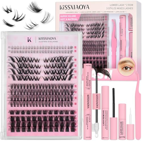 Individual Lashes Kit, Mix10-16mm DIY Eyelash Extension 168 Wide Stem Clusters & 22 Invisible Band Lower Lashes & Lash Bond and Seal & Lash Remover & Lash Glue & Tweezers (3+1 Pro Kit, Mixed 10-16mm)