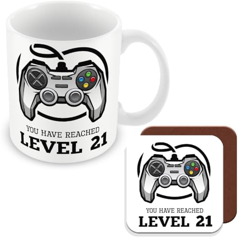 MUGGZ 21st Birthday Gift - Mug & Coaster - Gamer Level 21 - Giftset - Made in The UK