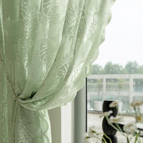 MIULEE Spitzenvorhänge mit Transparent Lichtdurchlässige Vorhänge Muster Gardinen mit Ösen 2er Set Voile Vintage Europäische Stil für Schlafzimmer und Wohnzimmer Vorhang, 2X H225 x B150 cm, Grün