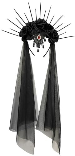 Velo nero per Halloween, lungo velo nero con fiori velo nero fascia gotico da sposa velo con guanto in pizzo nero da donna rosa adatto per feste di Halloween per cosplay ragazza