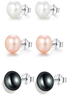 Hinvan 3 Paires Boucles D'oreilles en Argent Sterling 925 Boucles D'oreilles Perles Argent Noir Boucles D'oreilles Argent Perle Boucles d'oreilles Clous Pour Femme Filles