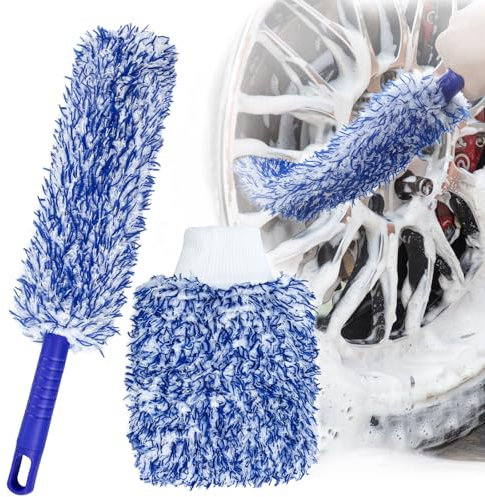 AdrreyuFny Spazzola Cerchi Auto e Guanto Lavaggio Auto, Flessibile Microfibra Spazzola Ruote Kit per Pulizia Profonda per Tutti i Tipi di Cerchioni Senza Graffi e Non Danneggia Vernice - Blu
