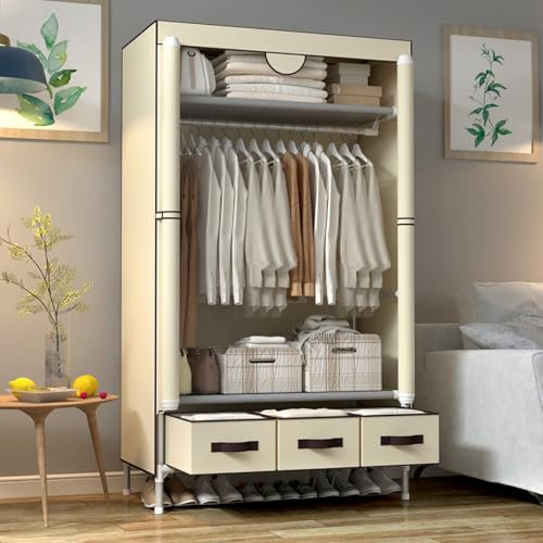 Anmas Power Portable Canvas Wardrobe with 3 Drawers, Portable Closet with Hanging Rail and Wardrobe Shelves, 90x45x170cm Wardrobe for Bedroom, Beige