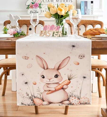 Vorysum Conigli Runner da Tavola Carote Uova di Pasqua Runner per il Tavolo Addobbi Pasquali per la Casa Tovaglia Pasquale Stagionale Primavera Cucina Tavolo da pranzo Vacanze Feste 40 x 140 cm