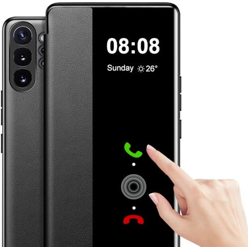 Flip Case for Samsung Galaxy Note 10 Plus Case S View, Clear View Folio PU Leather and TPU inner for Samsung Note 10 Plus Case, Anti-Scratch Flip Cover Phone Case for Samsung Galaxy Note10+ (Black)