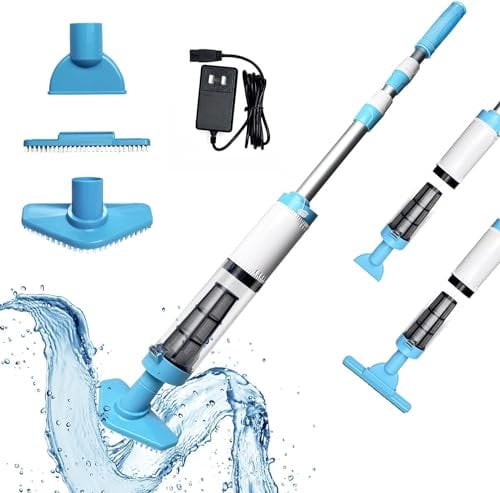PoolyPoly Aspirador de Piscina a Bateria, 3 en 1 Limpiafondos para Piscina Manual con Mango Telescópico, 90 Minutos Limpieza, Aspiradora Manual para SPA, Piscina Pequeñas, Azul