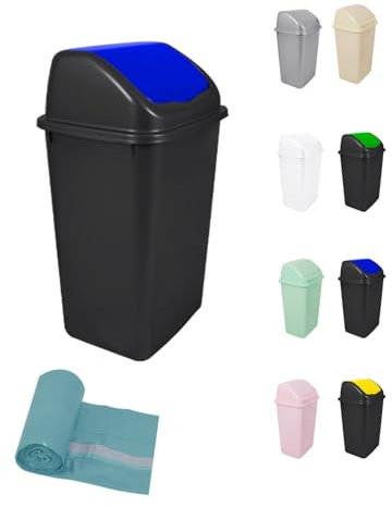 JARDIN202 - Cubo de Basura con Tapadera Basculante - 30/50 Litros - Ideal para Hogar y Oficina | 50 L + Bolsas (Azul - Negro)
