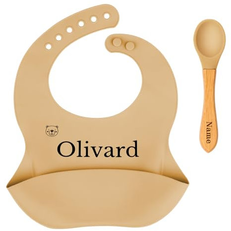 NGTSFLY Personalisierter Baby Geschirr - Personalisierter Lätzchen Baby Babylöffel - Silikon Lätzchen Baby mit Name -Kindergeschirr mit Namen - Spülmaschinen - Personalisierte Geschenke baby (Gelb)