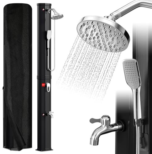 Vkechh 60L Solardusche | Einstellbar Regenduschkopf | Wasserhahn | handbrause | Max. 60℃ | Ohne Stromanschluss | Mit Schutzhaube-Ablassschraube | Schwarz