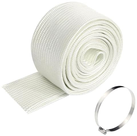 25mm Tuyau d'Échappement pour Générateur Électrique,Gaine Isolation Tresse,Haute Température Fibre Verre Manchon,Générateur Gaine Isolante Thermique,pour Câbles Automobiles Fils,avec Clips,Blanc