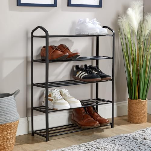 Home Source Shoe Storage Rack, 5 Shelves, Black Metal Frame, Bedroom Hallway Entryway Organiser