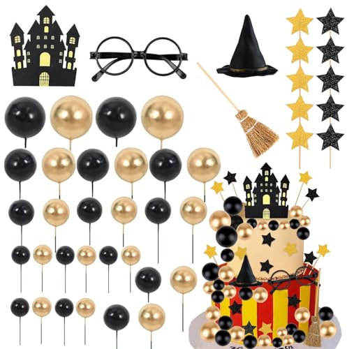 54PCS Wizard Cake Toppers Magical School Castle Hat Glasses Broom Star Cupcake Picks Decorations for Birthday Party Supplies