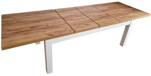 VALLH Ausziehbarer Esstisch Leonardo 90–250 cm | kompakter Tisch für 8–10 Personen | Eiche Craft Dekor | Beine aus Buchenholz – weiß lackiert | verlängerbar auf 210/250 cm | modern & funktional