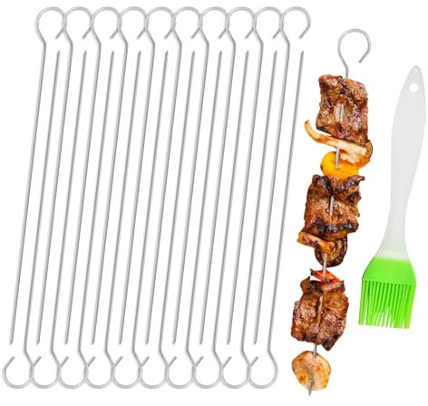 Lot de 20 brochettes en métal pour barbecue en acier inoxydable, 20 cm, brochettes réutilisables pour brochettes, grillades, four et barbecue (y compris la brosse de barbecue)