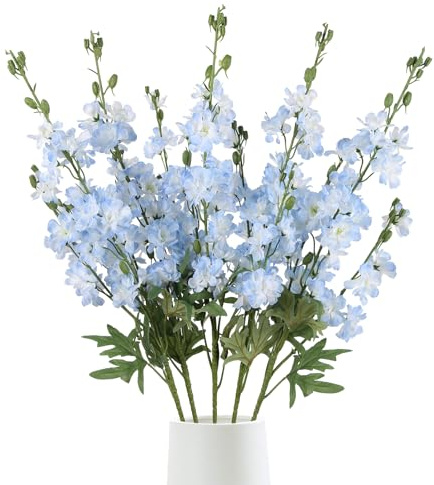 Fqueelvys 5 Pcs Light Blue Delphinium Artificial Flowers, 38.5 Long Stem Artificial Flowers for Tall Vase Blue Flowers Faux Larkspur for Wedding Home Party Kitchen Arrangement Decor