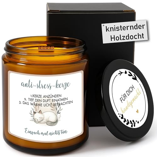 Anti-Stress Duftkerze aus Sojawachs – humorvoller Spruch - Handgemacht mit knisterndem Holzdocht – Apfel&Zimt – Kaminfeuer-Feeling - Geschenkidee für Ruhe Entspannung
