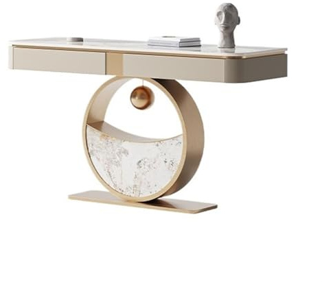 Table de Hall Table Console avec tiroir d'entrée Moderne 47 Plateau en placage de Faux marbre Base Ronde(Gold)