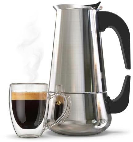 Cafetera Italiana de Inducción de Acero Inoxidable para 6 Tazas - Moka Antiadherente con Doble Asa de Fácil Limpieza para un Café Espresso con Sabor Intenso