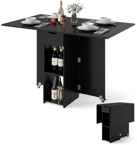 LIFEZEAL Table à Manger Pliable avec 1 Tiroir & 2 Etagères, Table Extensible Bois avec 2 Roues, 4-6 Personnes, Salle à Manger, Salon, Cuisine, Max 65/70 kg (Noir, 120 x 72 x 75 cm)